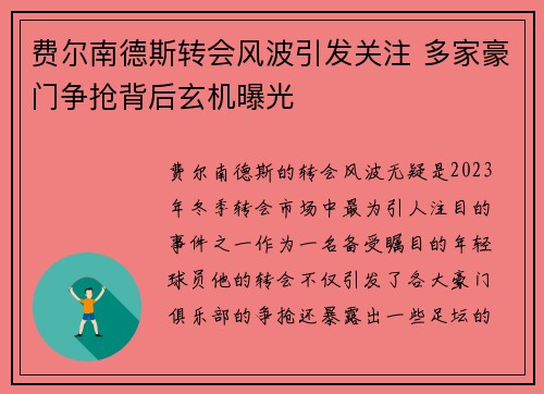 费尔南德斯转会风波引发关注 多家豪门争抢背后玄机曝光
